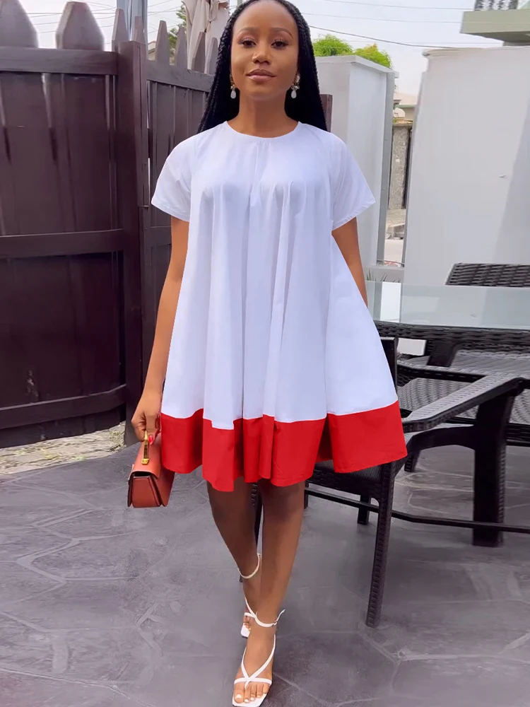 

Spring Summer Color Block Patchwork Tshirt Dress Woman Round Neck Short Sleeve Pleated Dresses Casual Ladies Loose Pocket Dress