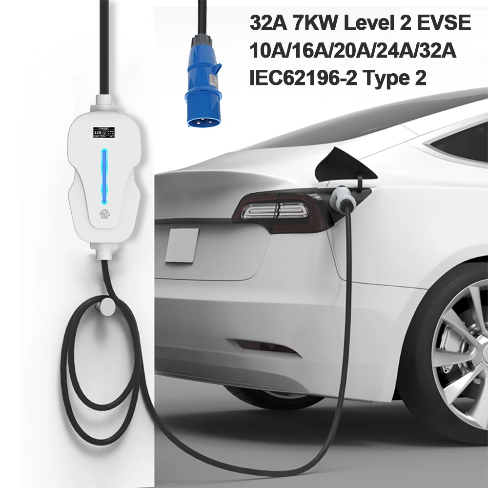 

Portable EV Charger IEC62196-2 Type 2 32A 1 Phase 7KW Level 2 EVSE Adjustable Current Electric Vehicle Charger for Home 5Meters