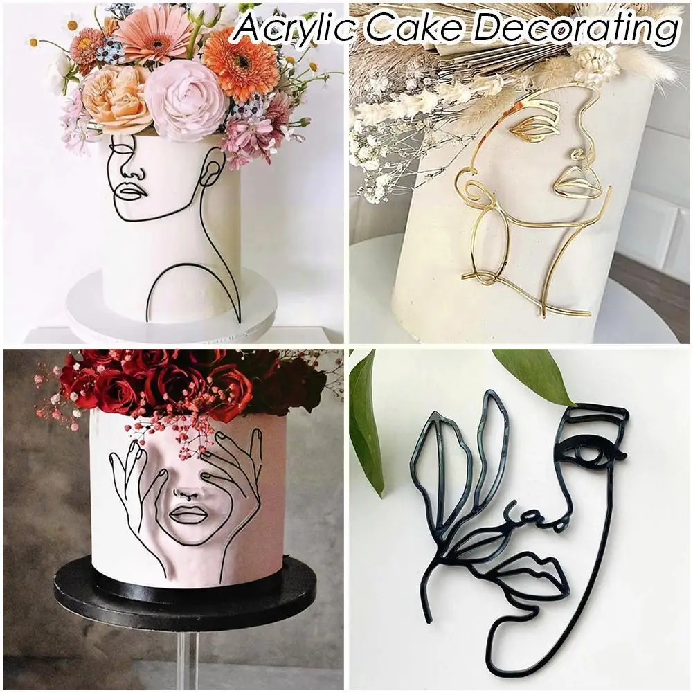 

Абстрактная Минималистичная линия, акриловый Золотой Топпер для торта на день рождения, минеральный персонаж, искусство для женщин, украше...