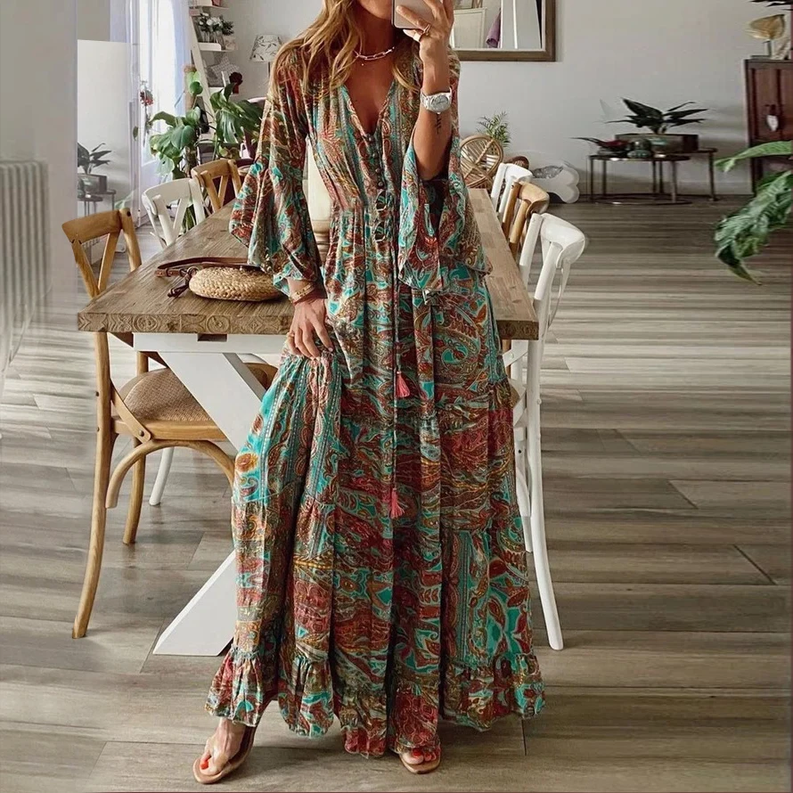 

Elegant Women spring Retro Printed Long Dress Sexy V-Neck Full Sleeve Ruffle Party Dress Femme Vestido Streetwear Loose Fashion