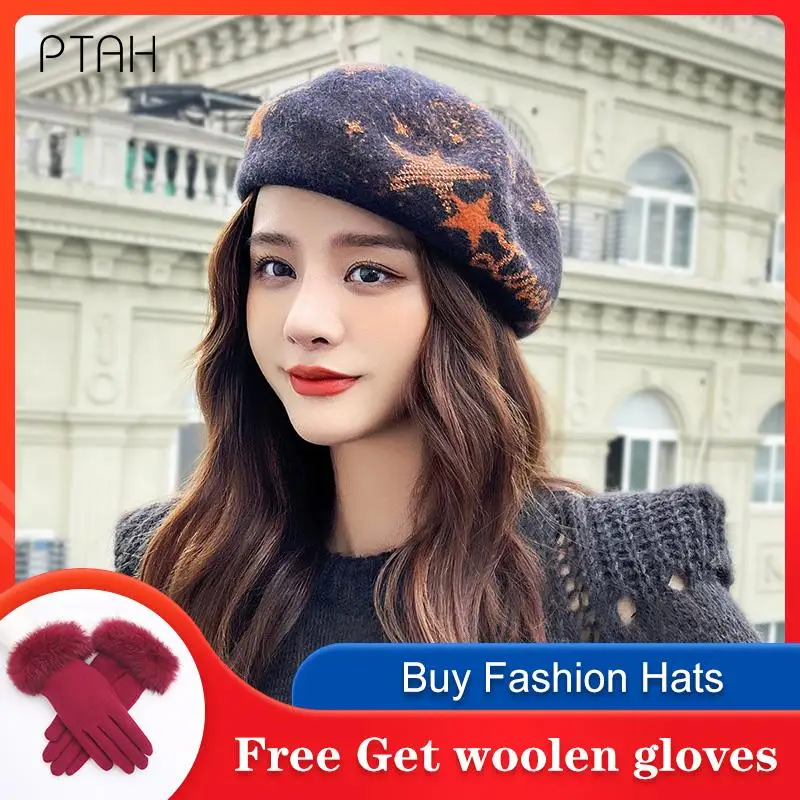 

[PTAH] Girl Berets Women French Artist Warm Woolen Winter Knitted Beanie Hat Retro Vintage Diamond Lattice Berets Elegant Ladies