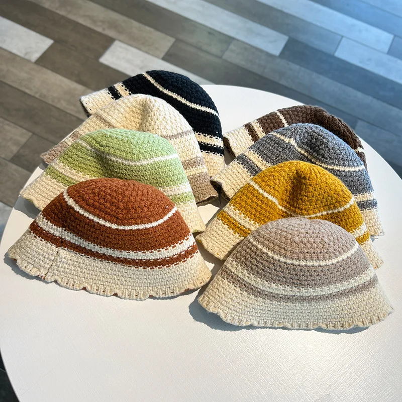 

Women Dome Knitted Bucket Hat Winter Handmade Crochet Color Matching Fisherman Hat Autumn Basin Hats Ladies Sunscreen Bucket Cap
