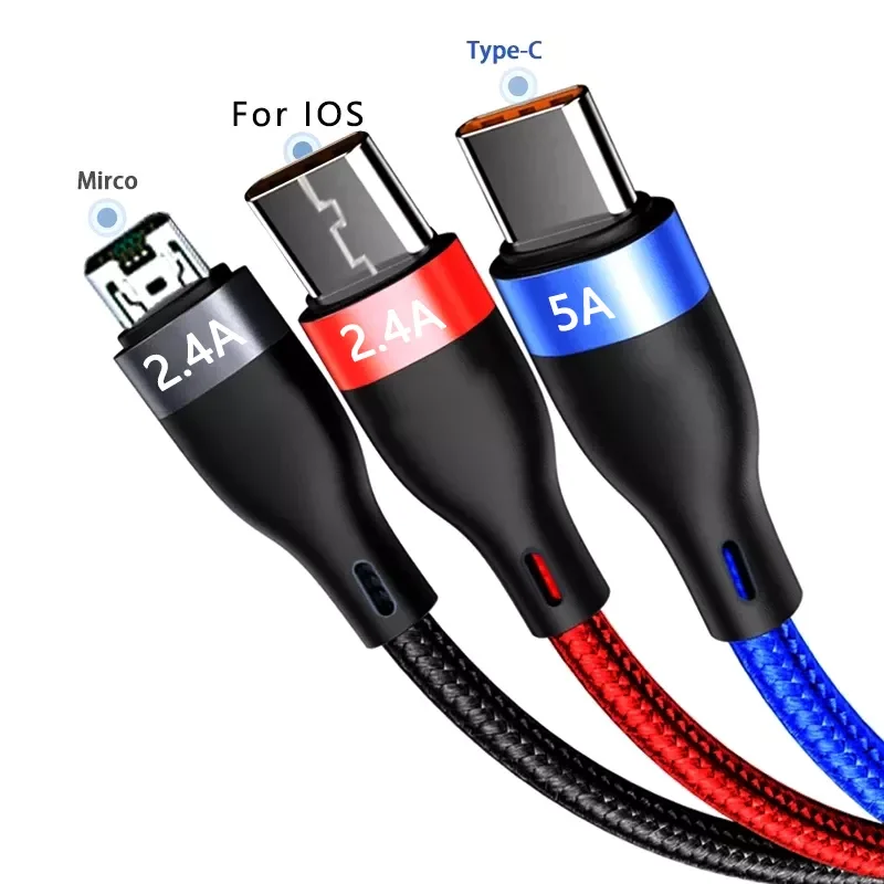 

Fast charge 1 drag 3 data cable universal mobile phone car charging cable three in one data cable for Huawei 5A charger cable
