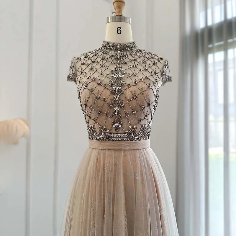 LSCZ39 Gorgeous Evening Desses for Women Organza A-line High Neck Wedding Guest Party Gown Arabic Crystal Prom فستان سهرة نسائي 3 LSCZ39 Gorgeous Evening Desses for Women Organza A-line High Neck Wedding Guest Party Gown Arabic Crystal Prom فستان سهرة نسائي 3