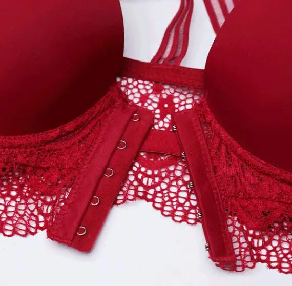 Womens Lace Front Closure Bra Lightly Padded Push Up Solid Underwire Female Lingerie 34 36 38 40 42 44 B C D Black Beige