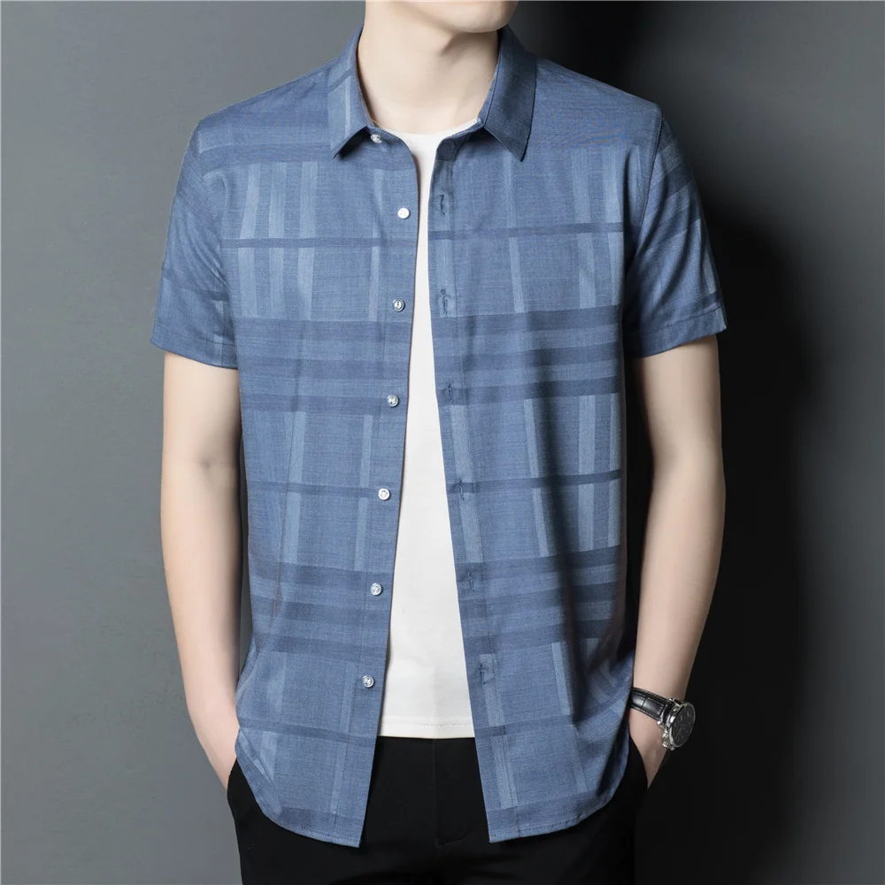 

Turn-Down Brand Collar Short Sleeve Shirt Homme New Arrivals High Quality Streetwear Striped Shirt Men Clothing Z6092S