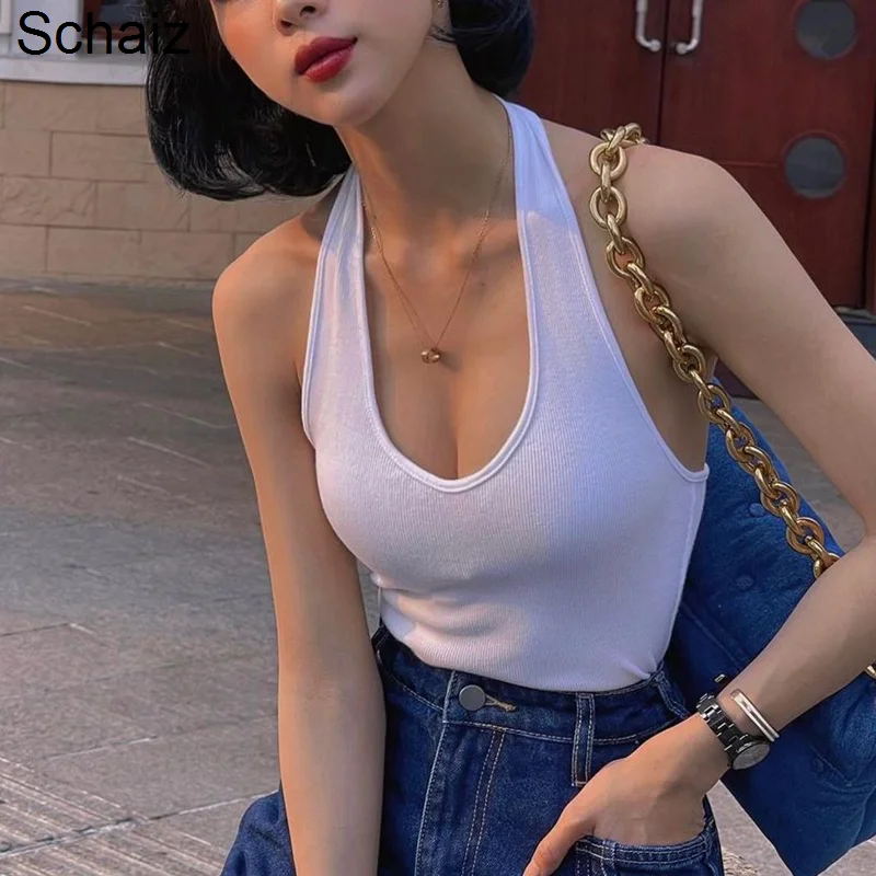 

Sexy One-piece Vest Street Shot Hanging Neck Style Deep Low Chest Sexy Women's Autumn Elastic Slim