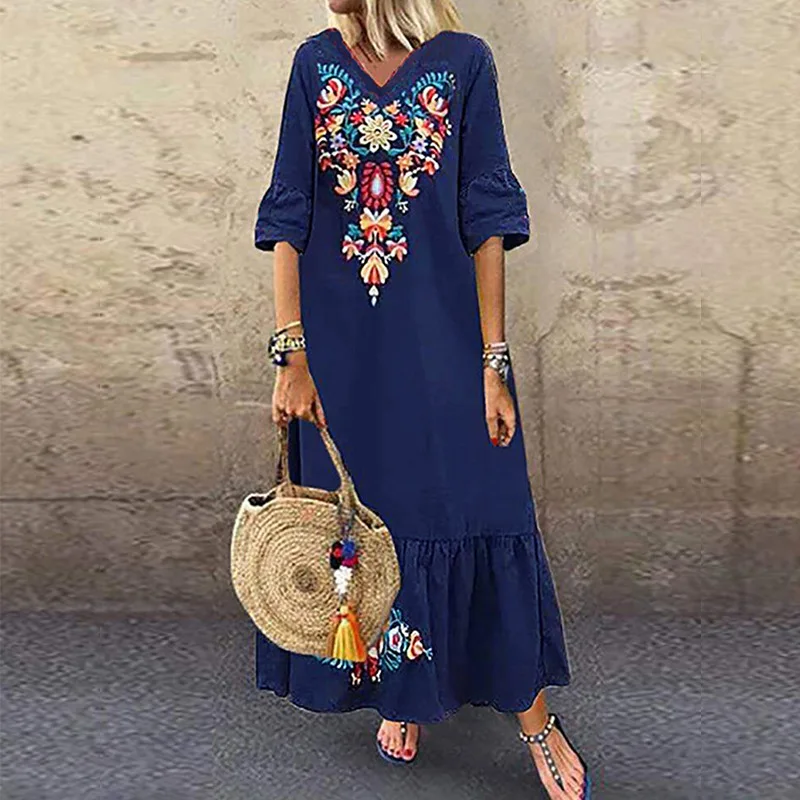 2022 Summer Women Sexy V-neck Long Maxi Dress Elegant Print Linen Boho vestidos robe White Plus Size 5xl Female Loose Dresses