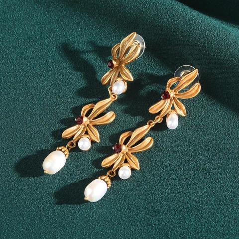 Золотые серьги-капельки STALAIT с орхидеями и жемчугом