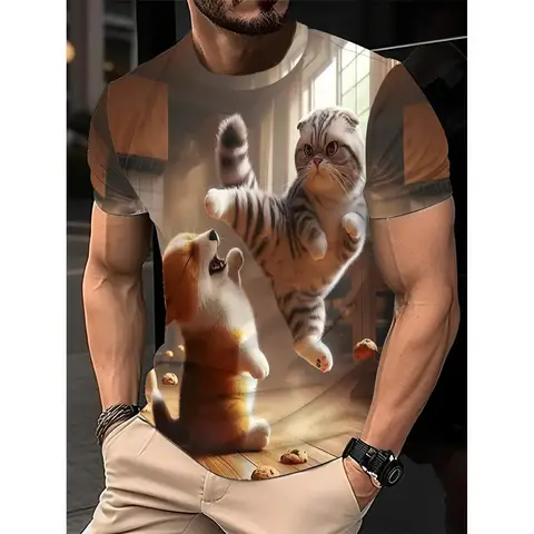 Мужская повседневная футболка с коротким рукавом и 3D-принтом животных — очаровательный дизайн кота и собаки, легкий полиэстер с круглым вырезом