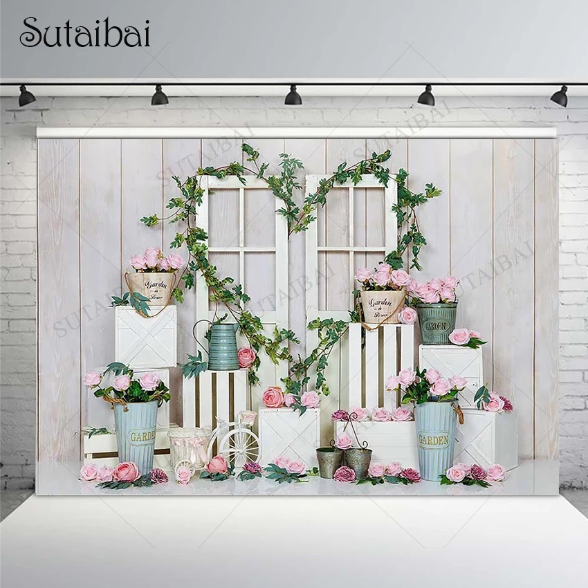 

Valentines Photography Background Outdoor Wedding Party White Wooden Board Marriage Flower Bridal Shower Photograpic Booth Props