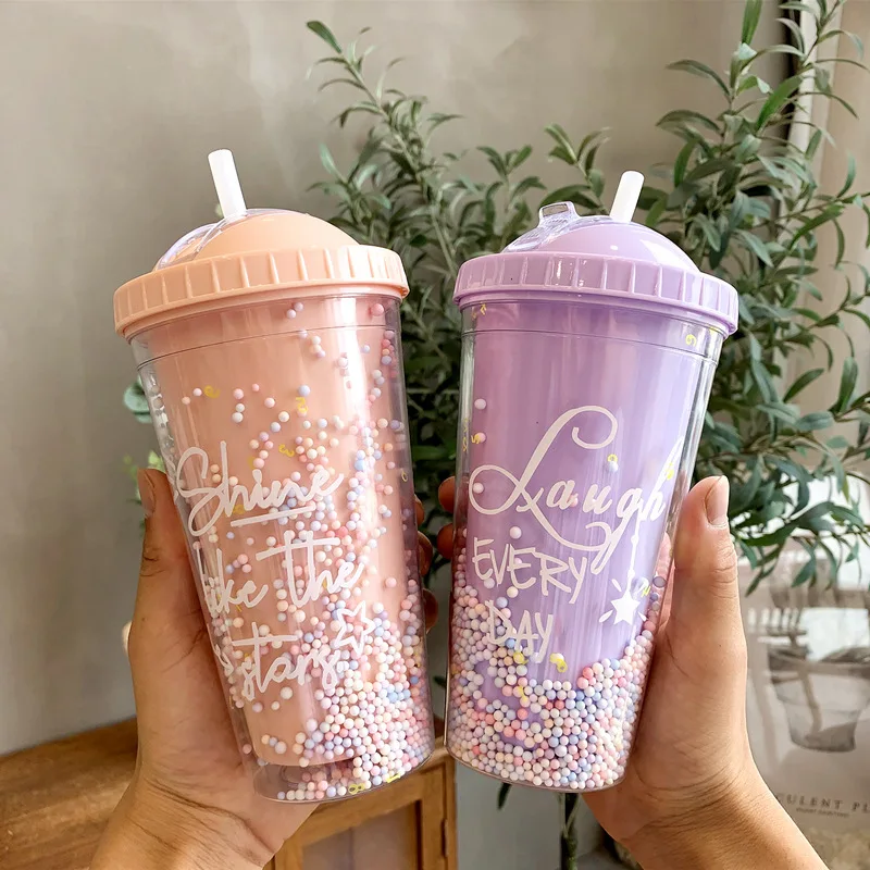 550ml cute double plastic cup straw cup home milk juice cup with cap straw ice cup can be customized logo drink milk tea cup.