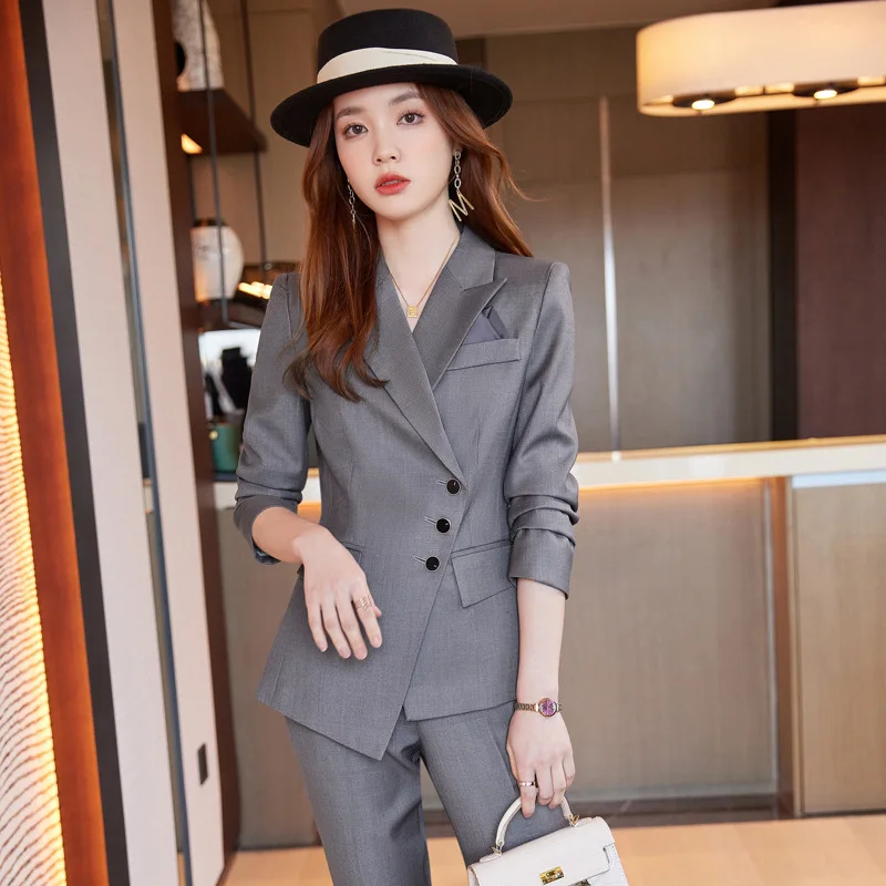 Women Blazer Suit Set 2 Pieces Double Breast Bussiness Office Ladies Formal  Wear Grey  Khaki Color for  Autumn Winter Blazer