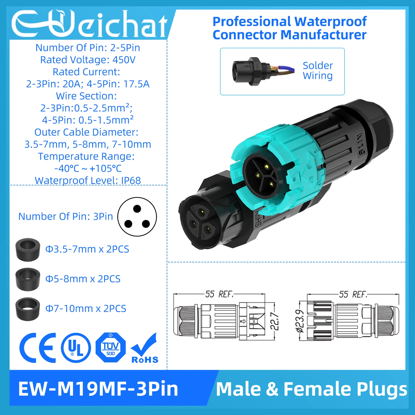 

Водонепроницаемый электрический соединитель E-WeiChat EW-M/P15-M28