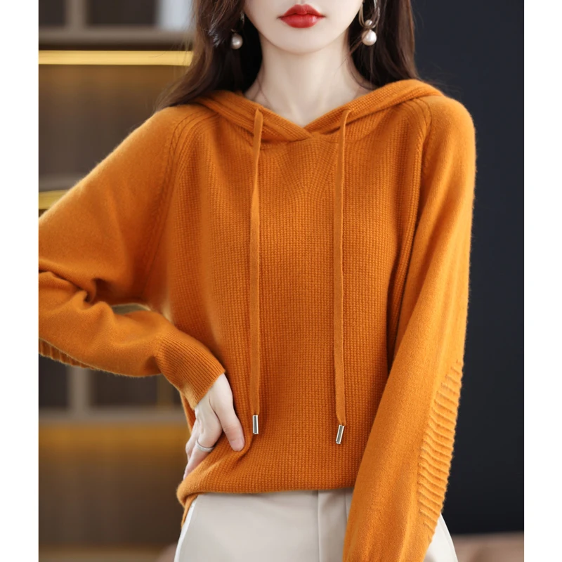 

Pure Wool Sweater Women's Autumn And Winter New Fashion Hooded Long-Sleeved Sweater Loose Joker Knitted Sweater