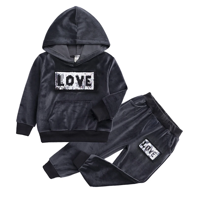 

Комплекты детской одежды для маленьких мальчиков и девочек, осенне-зимний детский пуловер с капюшоном и блестками и брюки, спортивные костю...