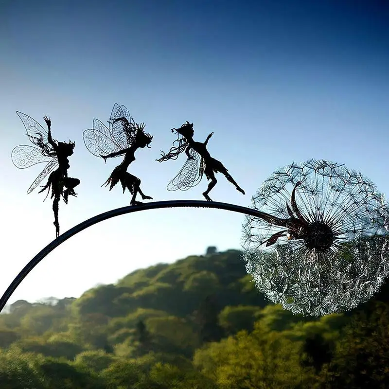 

Dancing Fairy Statue Steel Wires Fairy Elf Dandelion Miniature Sculpture Mythical Garden Figurine Fairies Pixies Yard Decor