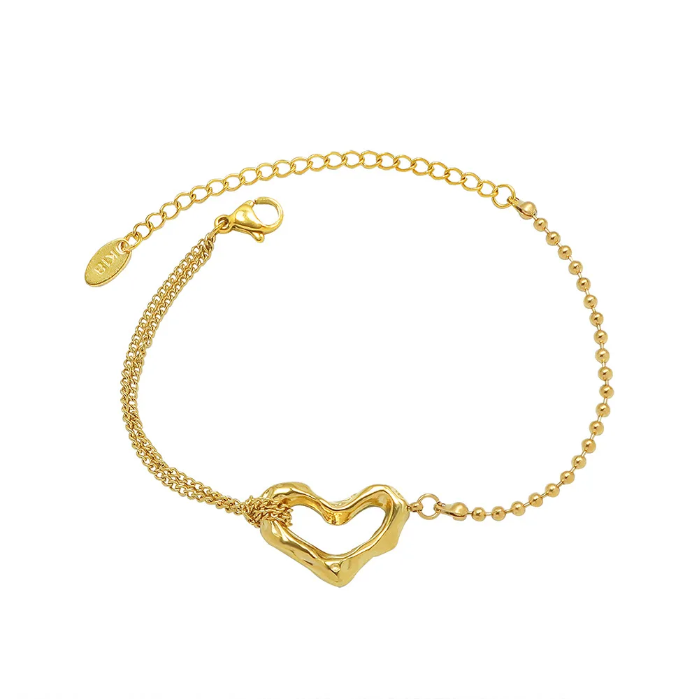 

Fashion Stainless Steel Adjustable Layered Beads Chain Bracelet 18K Gold Plated Hollow Heart Bracelet for Women Girls