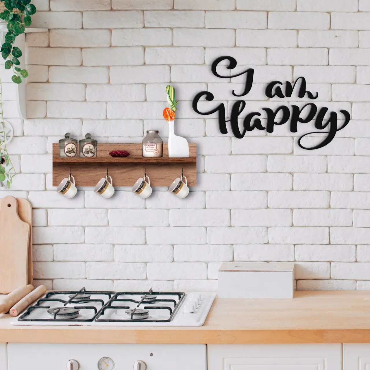 

BK Home Natural Wood Shelves Decorative Cup Hanger and Happy Wall Süsü-1