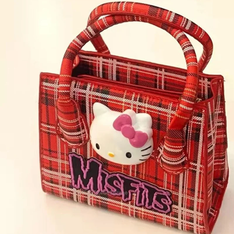 Hello Kitty Fashion Handbags For Women Y2K Plaid Mini Messenger Bags Girl New Sanrio Cute Cartoon Harajuku Style Shoulder Bag
