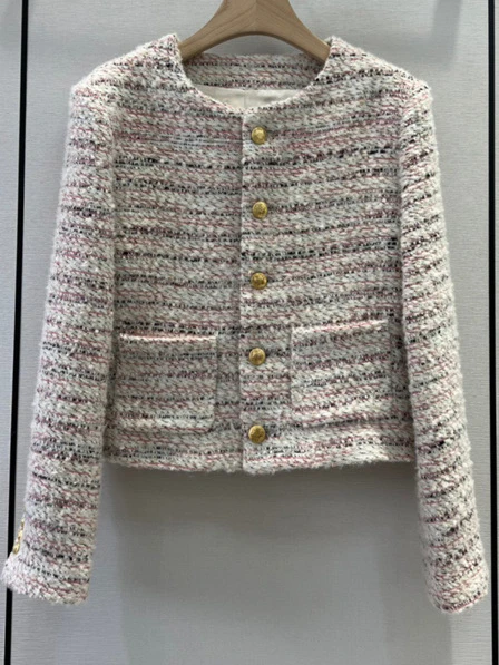 

2023 Single Breasted Wool Coat Female Weave Tweed Jacket Elegant Ladies Autumn Spring Colour Striped Woolen Jackets Women Tops