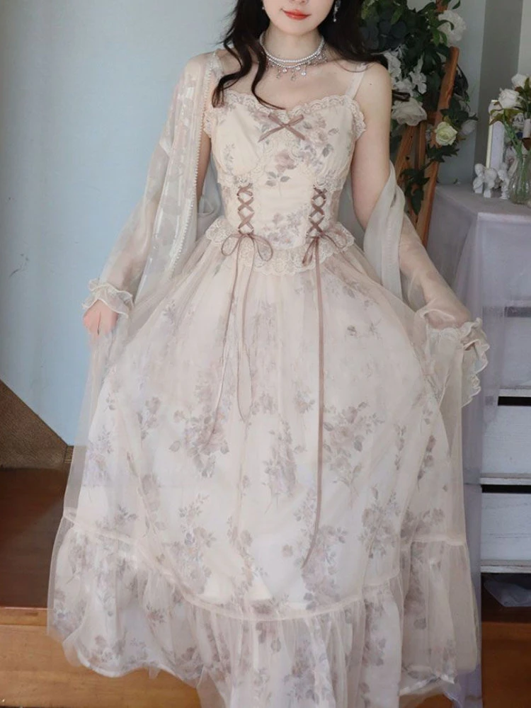 Винтажное элегантное Цветочное платье женское милое Сетчатое на бретелях с