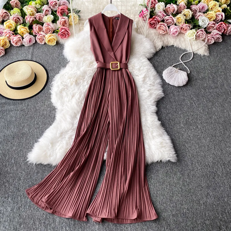 

Office Lady One Piece Jumpsuits Sleeveless V Neck Belt Pleated Wide Leg Pants High Waist Summer Women Clothing Solid Jumsuits