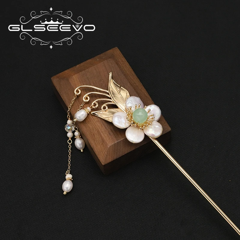

GLSEEVO Natural Pearls Green Flowers Green Natural Stone Hairpins Luxury Fashion Charm Trend Jewelry Anniversary Gift