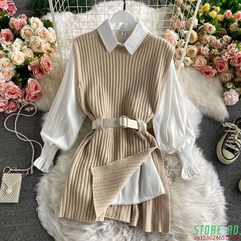

2021 Autumn Winter Women Lantern Sleeve Shirt Knitted Vest Two Piece Sets Of College Style Waistband Blouse Sweater Vest Suits