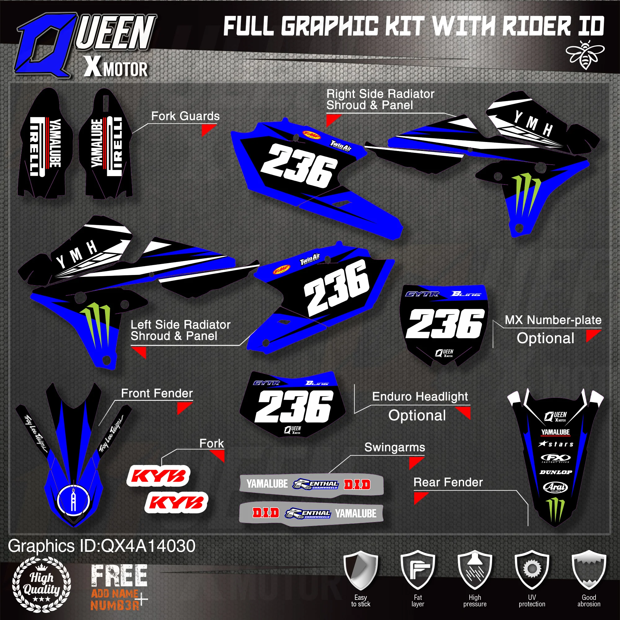 QUEEN X MOTOR Custom Team графические фоны наклейки 3M Набор наклеек для YAMAHA 14-18YZ250F 15-18YZ250FX WRF250