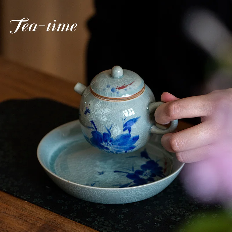 

Retro Ice Crack Open Teapot Old Pottery Mud Pure Hand-painted Fish Play Single Pot Sketch Pot with Filter Hole Kung Fu Tea Set