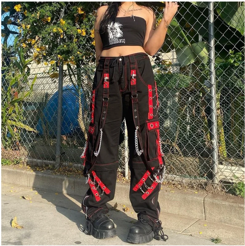 Ladies Cargo Pants High Waist Black Streetwear Vintage Punk Goth Pants Women Summer Pants Casual Long Trousers joggers D30