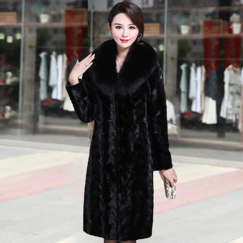 Women's Winter Mink Fur Coat Warm Black with Mink Fur Mid-length Fox Fur Collar Coat Plus Size Plus Size Thick and Elegant