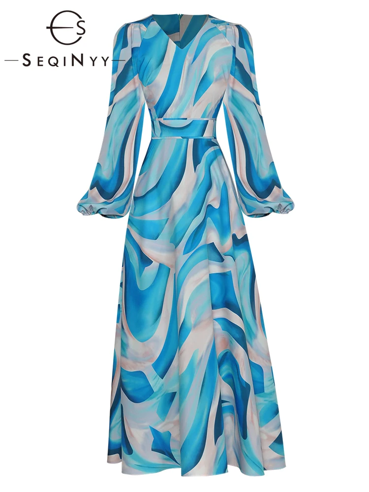 SEQINYY Blue Midi Dress Summer Spring New Fashion Design Women Runway High Street Print A-Line Lantern Sleeve Casual