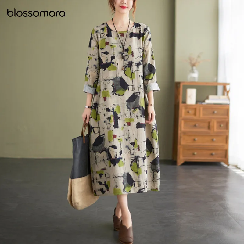 

Blossomora Print Loose Cotton Linen Maxi Dress Vintage Casual O-neck Long Sleeve Robe Slim Dresses Autumn Vestidos Women 2022