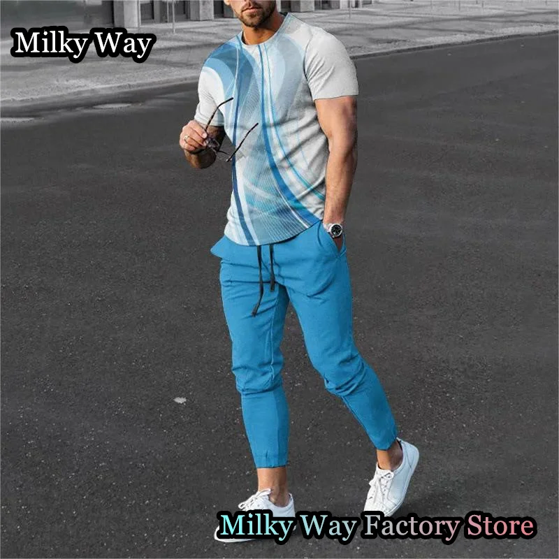 Summer Men Colorful Tracksuit 2 Pieces Color Block T-Shirt Trousers Set Casual Jogging Suit Fashion Outfit Male Streetwear
