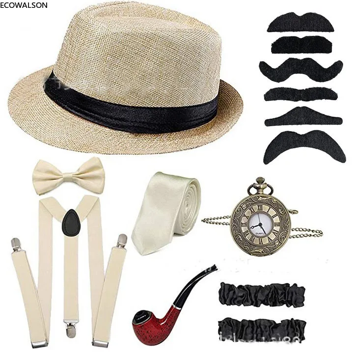 

The Great Gatsby Cosplay Costume 1920s Mens Gangster Accessories Set - Fedora Newsboy Hat Suspenders Armbands Tied Bowtie