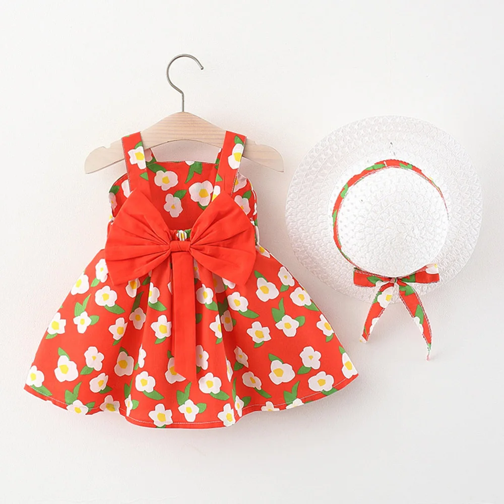 

Girls Party Dress Floral Sleeveless Backless Bow Princess First Birthday Baby And Toddler Clothing With Hat