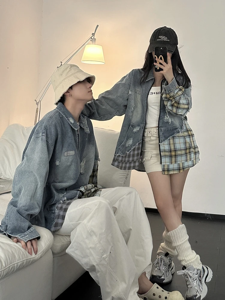 Американский винтажный модный бренд в стиле пэчворк рваные джинсы куртка дизайн