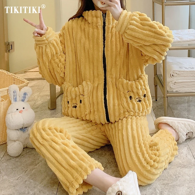 

Woman Winter Pajama Warm Sleepwear Pajama Flannel Thermal Pyjama Pijamas Set Thick Plus Size Elegant Homewear Loungewear Suit