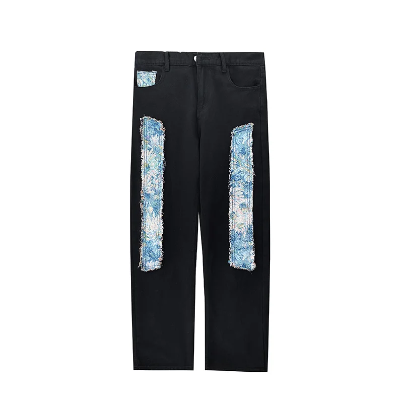 DEEPTOWN Patchwork Straight Jeans Men Streetwear Loose Denim Pants Casual Hip Hop Black Trousers Male Classic Fashion Spring