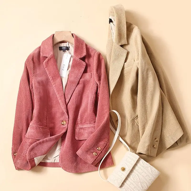 Retro Corduroy Long Sleeve Women Blazer Korean Fashion Office Ladies Business Spring and Autumn Jacket Slim Fit New Hot Sale