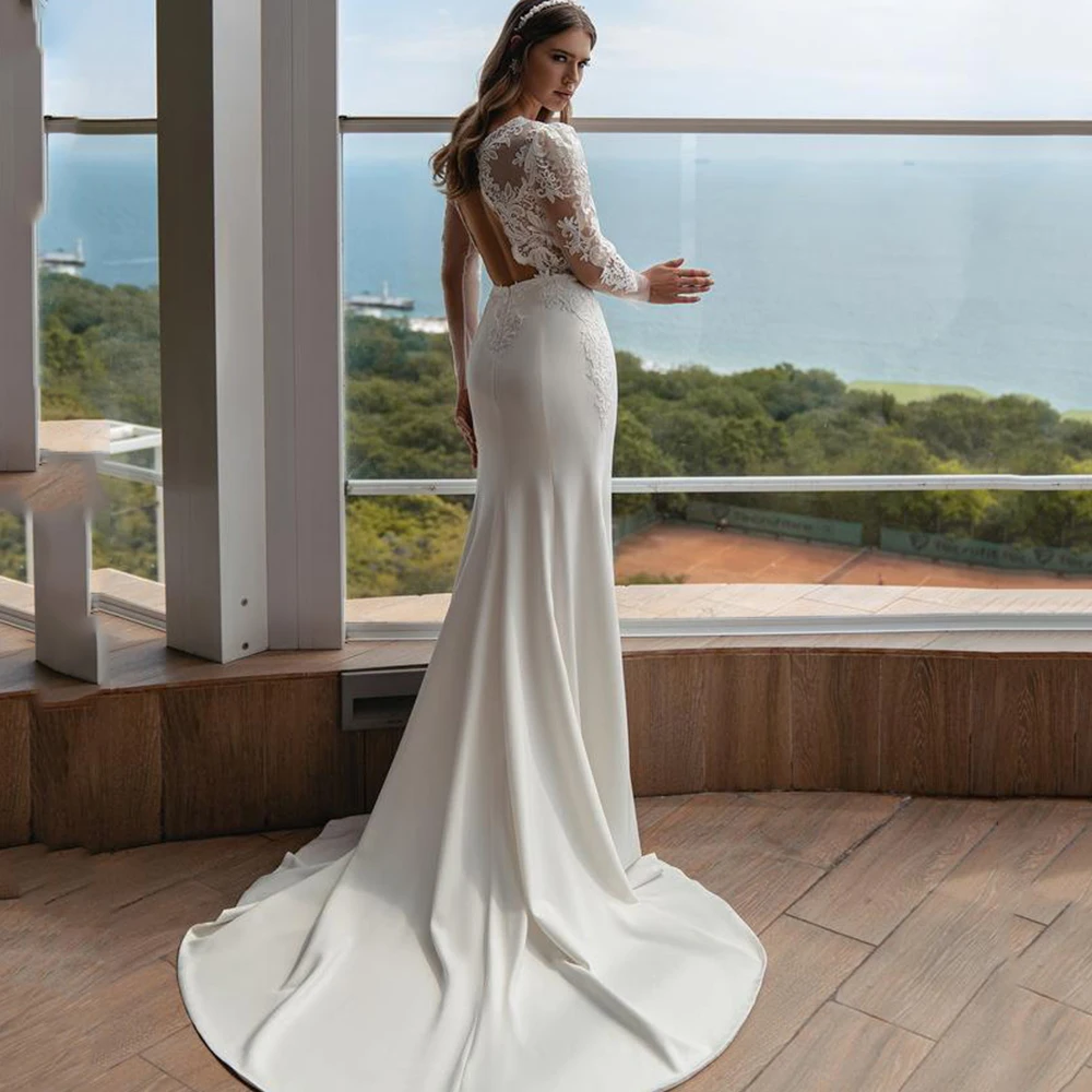 

Exquisit Wedding Dress For Women O-Neck Lace Applique Full Sleeve Backless Bride Gown Trumpet Detachable Jersey Vestido De Noiva