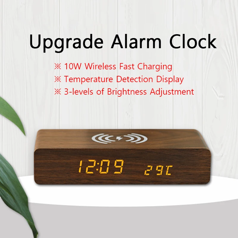 

Upgrade 10W Wireless Charging Clock USB Wooden Digital Alarm Clocks LED Display Temperature Clock Office Home Bedroom Desk Clok