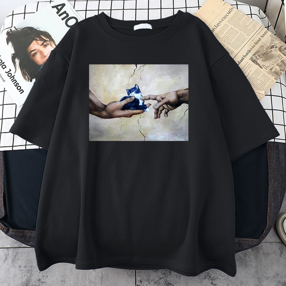 

Hands cute cat T-shirt Personalized printing Korean trend street dress round neck comfortable men's and women's T-shirts