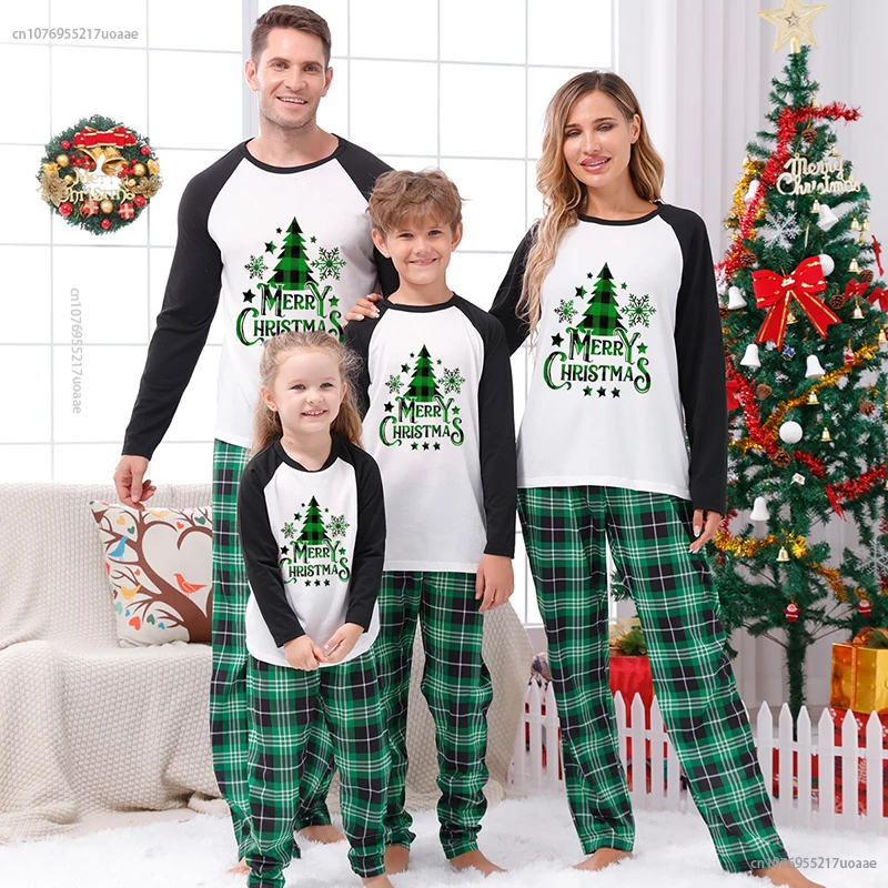

Xmas Pajamas Matching Clothing Family Outfit Christmas Pjs Green Plaid Chrsitmas Tree Long Sleeve Couples Kids Children Baby