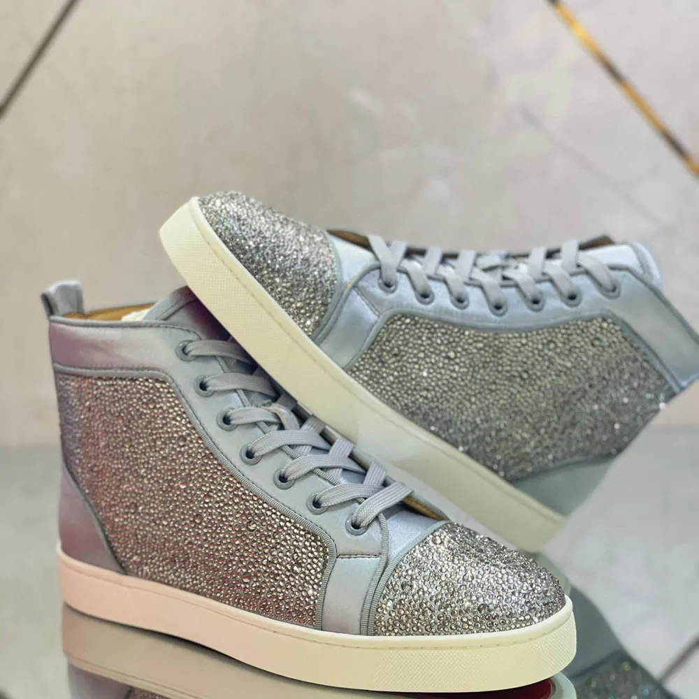 

Luxury Night Club High Top Red Bottom For Men Shoes Trainers Spiked Silver Silk Genuine Leather Rivets Crystal Flats Sneakers