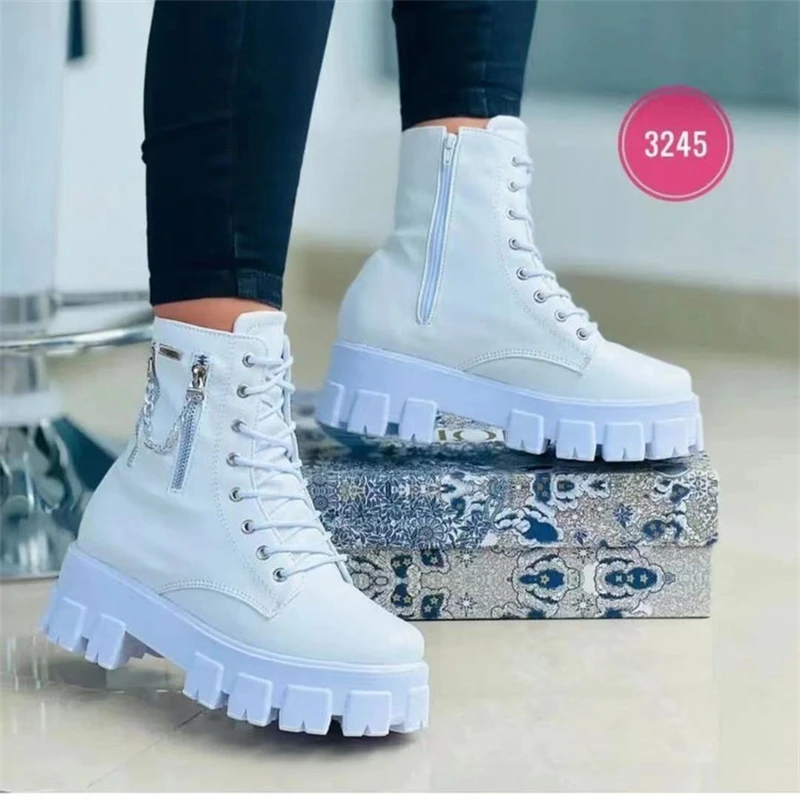 

White And Black PU Leather Ankle Boots 2022 New Women's Autumn Winter Round Toe Shoe Laces Shoes Women's Fashion Motorcycle Boot