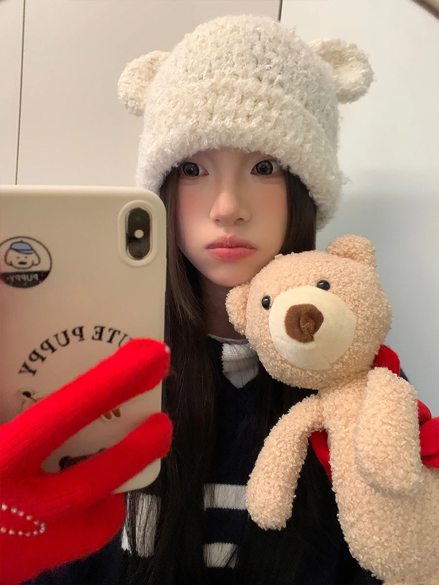 Милая однотонная Кепка с милым маленьким медведем утолщенная осенне-зимняя