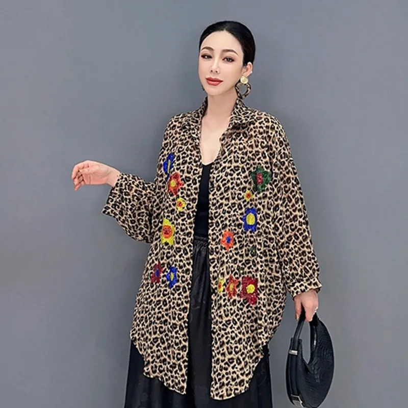 

Stylish Summer Autumn Leopard Shirt Polo Collar Long Sleeve Blouse Casual Thin Openstitch Cardigan Camisa de leopardo para mujer